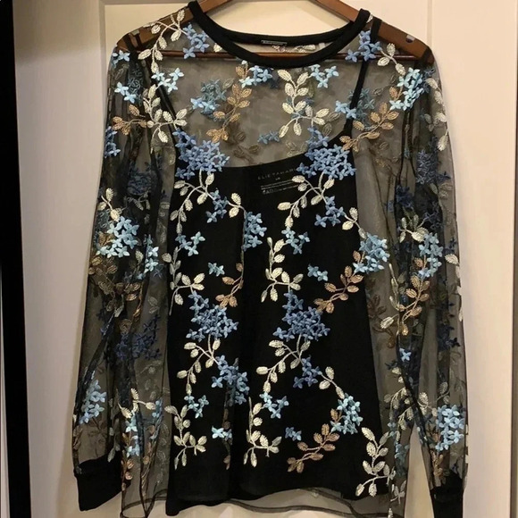 Elie Tahari Sheer Embroidered Top Val Floral Blouse Size Large New - Picture 2 of 12
